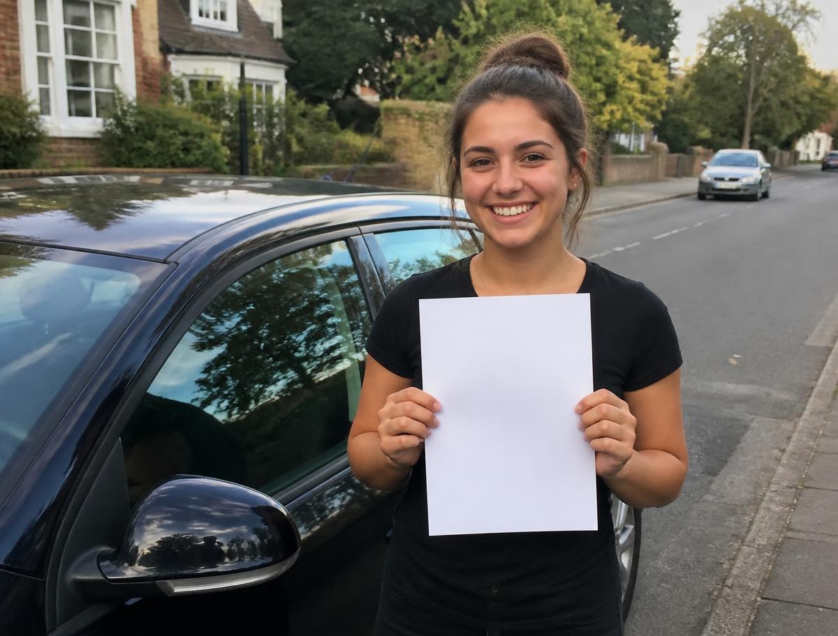 Learner smiling beside a car after passing her driving test